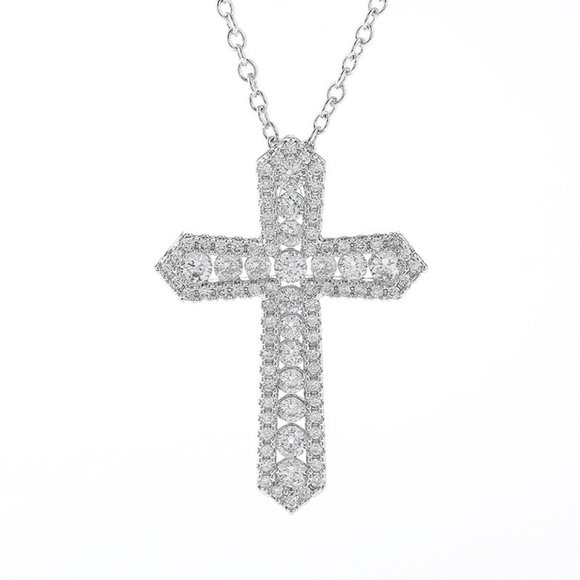 NEW Silver Round Diamond Holy Cross Necklace - Picture 7 of 8